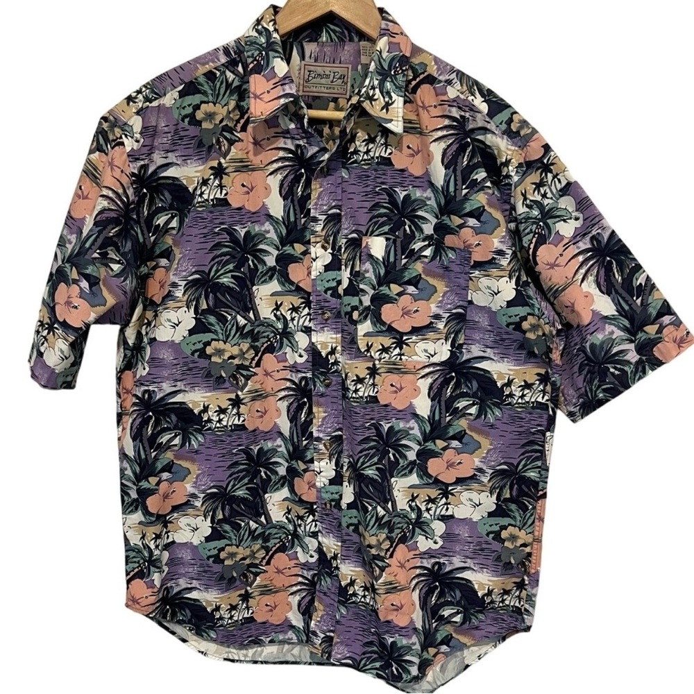Bimini Bay Hawaiian Button Up Shirt Men’s Size L Floral Pink/Purple Palm Cotton
